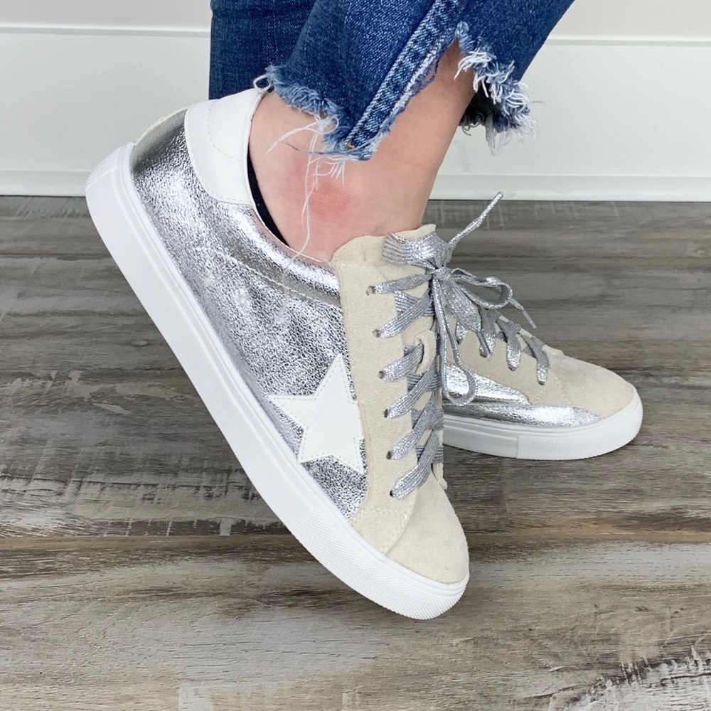 Super Star Faux Suede Metallic Sneakers - Silver - Picture 2 of 7